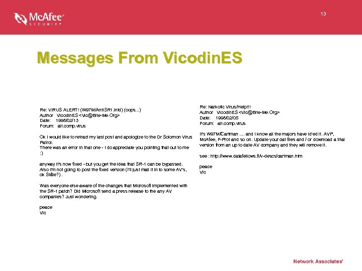 13 Messages From Vicodin. ES Re: VIRUS ALERT! (W 97 M/Anti. SR 1. intd)