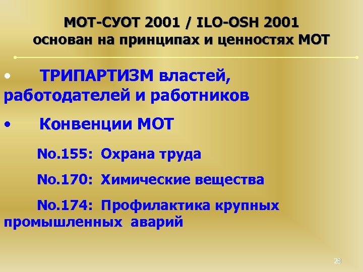 МОТ-СУОТ 2001 / ILO-OSH 2001 основан на принципах и ценностях МОТ • ТРИПАРТИЗМ властей,