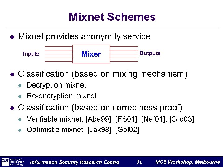 Mixnet Schemes l Mixnet provides anonymity service Inputs l Outputs Classification (based on mixing