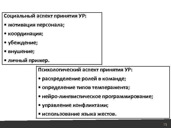 Социальный аспект принятия УР: • мотивация персонала; • координация; • убеждение; • внушение; •
