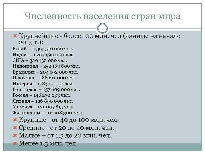 Численность населения стран мира Крупнейшие - более 100 млн. чел (данные на начало 2015