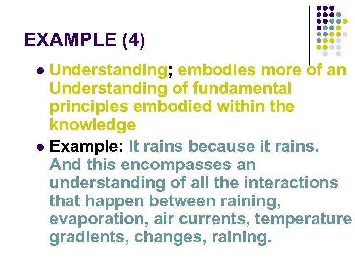 EXAMPLE (4) Understanding; embodies more of an Understanding of fundamental principles embodied within the