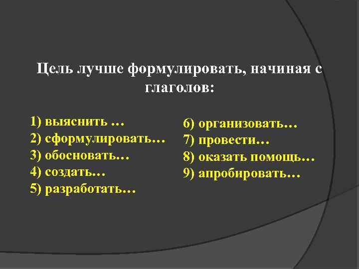 Цель лучше формулировать, начиная с глаголов: 1) выяснить … 2) сформулировать… 3) обосновать… 4)
