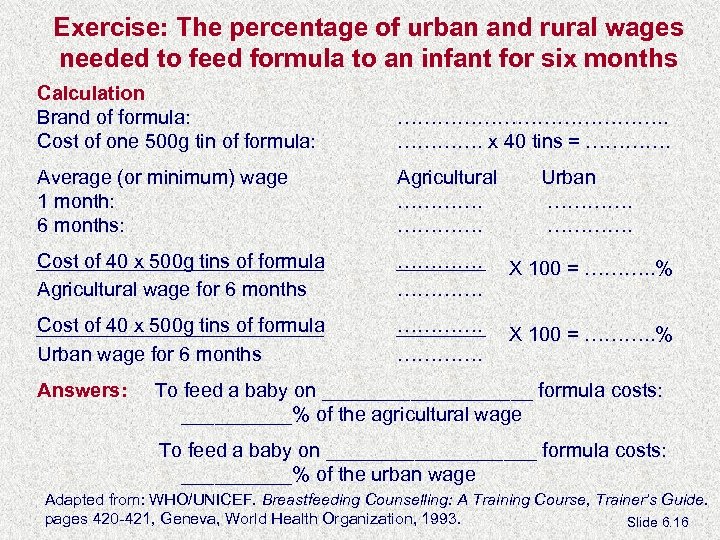 Exercise: The percentage of urban and rural wages needed to feed formula to an