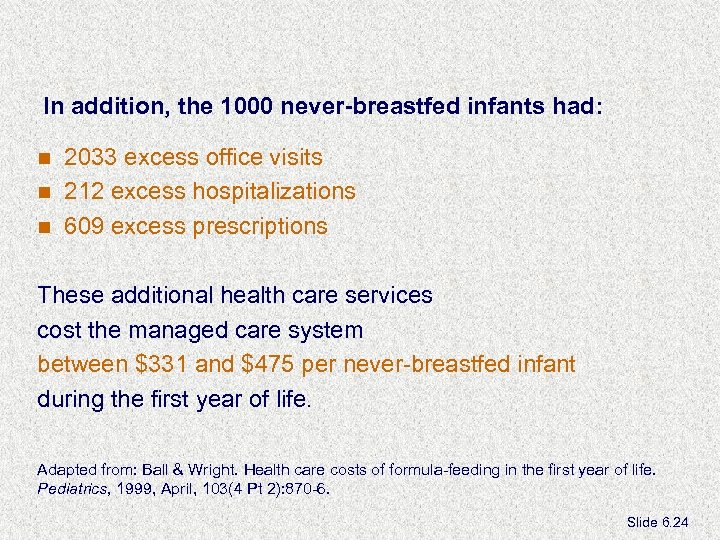 In addition, the 1000 never-breastfed infants had: 2033 excess office visits n 212 excess