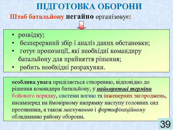 ПІДГОТОВКА ОБОРОНИ Штаб батальйону негайно організовує: • розвідку; • безперервний збір і аналіз даних