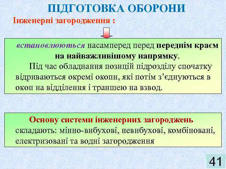 ПІДГОТОВКА ОБОРОНИ Інженерні загородження : встановлюються насампереднім краєм на найважливішому напрямку. Під час обладнання