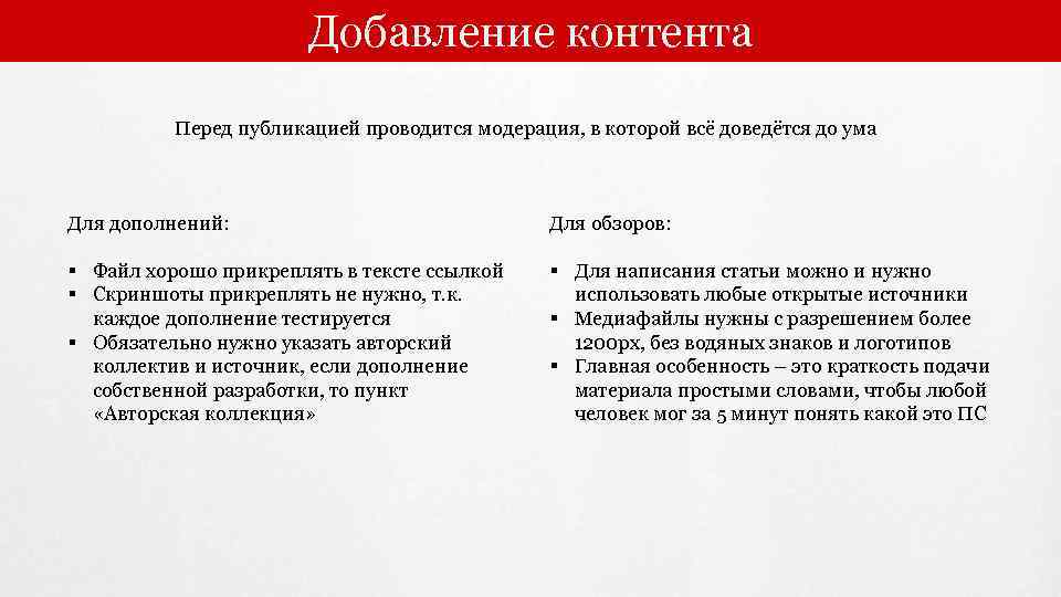 Добавление контента Перед публикацией проводится модерация, в которой всё доведётся до ума Для дополнений: