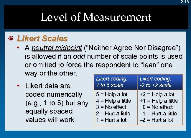 2 -18 Level of Measurement ¯ Likert Scales • A neutral midpoint (“Neither Agree