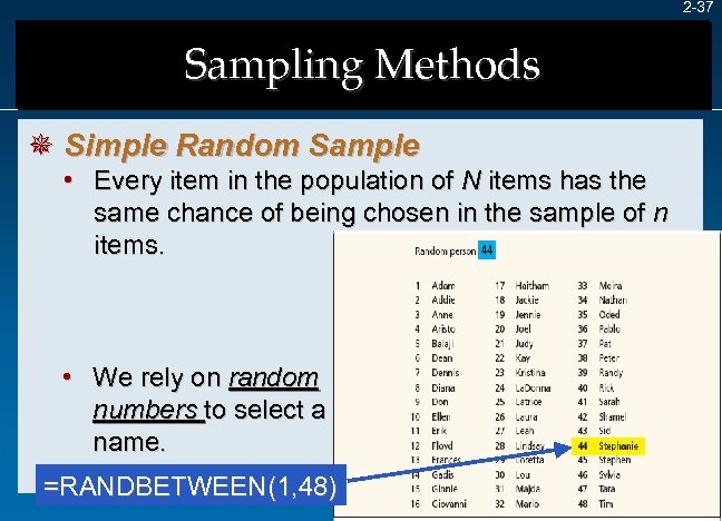 2 -37 Sampling Methods ¯ Simple Random Sample • Every item in the population