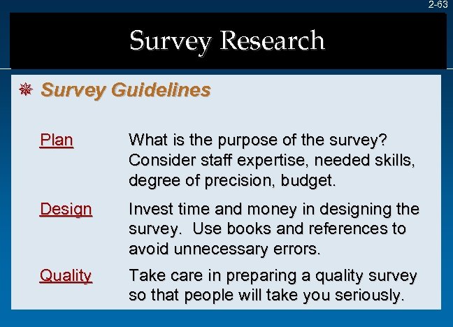 2 -63 Survey Research ¯ Survey Guidelines Plan What is the purpose of the