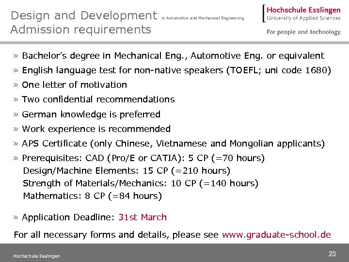 Design and Development Admission requirements in Automotive and Mechanical Engineering » Bachelor’s degree in