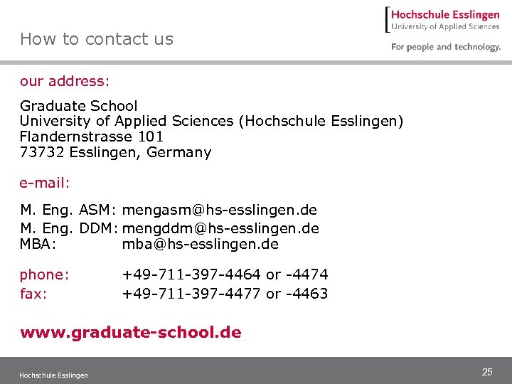 How to contact us our address: Graduate School University of Applied Sciences (Hochschule Esslingen)