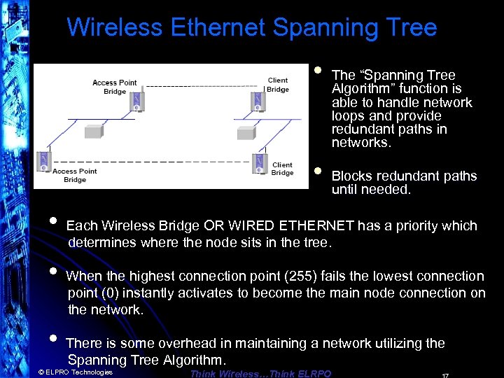 Wireless Ethernet Spanning Tree • • The “Spanning Tree Algorithm” function is able to