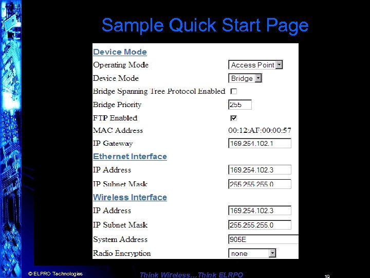 Sample Quick Start Page Quick Start Configuration Menu Item © ELPRO Technologies Think Wireless…Think