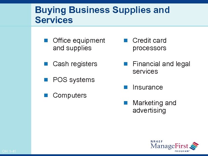 Buying Business Supplies and Services n Office equipment n Credit card n Cash registers