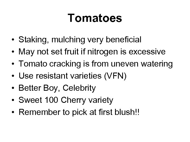 Tomatoes • • Staking, mulching very beneficial May not set fruit if nitrogen is