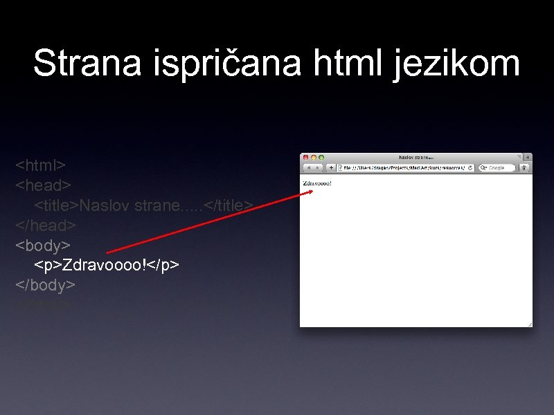 Strana ispričana html jezikom <html> <head> <title>Naslov strane. . . </title> </head> <body> <p>Zdravoooo!</p>