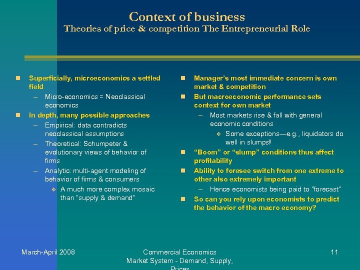Context of business Theories of price & competition The Entrepreneurial Role n n Superficially,