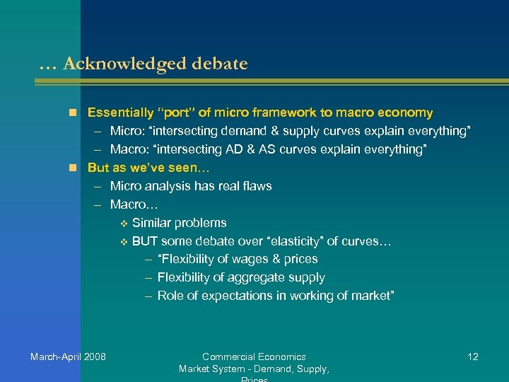 … Acknowledged debate n Essentially “port” of micro framework to macro economy – Micro: