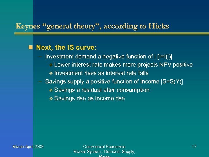 Keynes “general theory”, according to Hicks n Next, the IS curve: – Investment demand