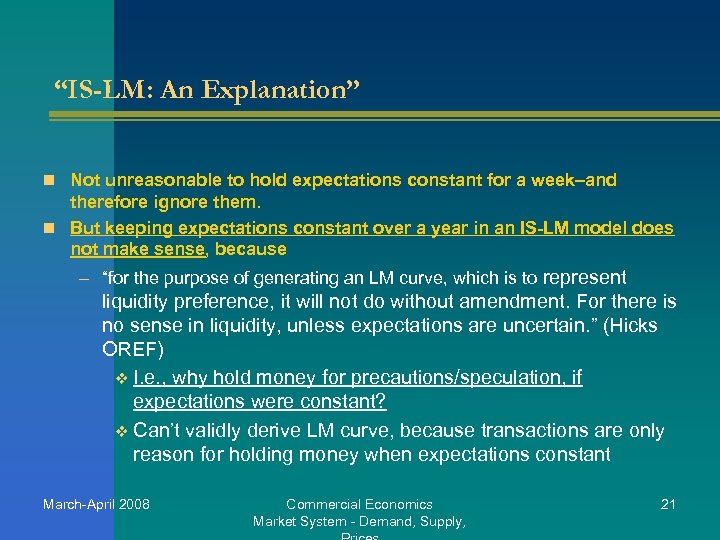 “IS-LM: An Explanation” n Not unreasonable to hold expectations constant for a week–and therefore