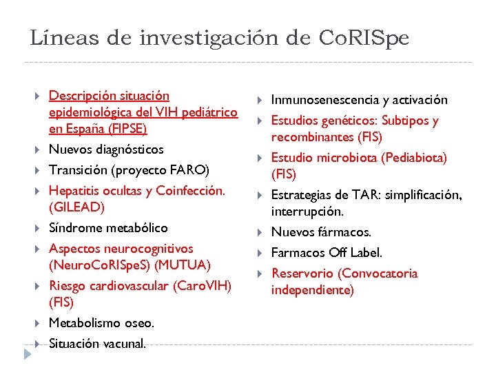 Líneas de investigación de Co. RISpe Descripción situación epidemiológica del VIH pediátrico en España