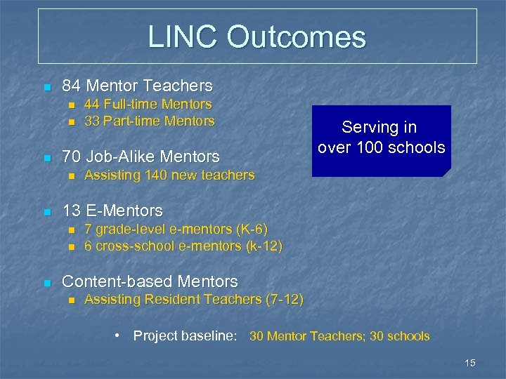 LINC Outcomes n 84 Mentor Teachers n n n 70 Job-Alike Mentors n n