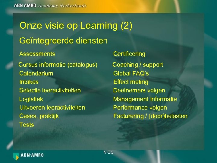 Onze visie op Learning (2) Geïntegreerde diensten Assessments Certificering Cursus informatie (catalogus) Calendarium Intakes