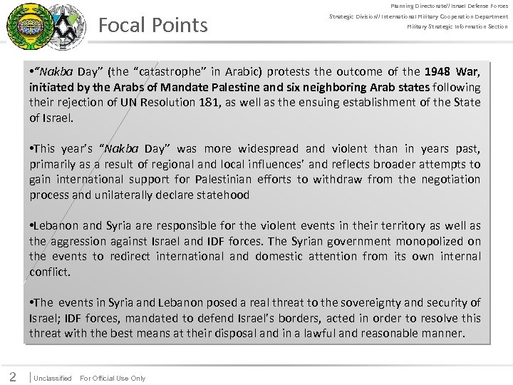 Focal Points For Official Use Only Planning Directorate// Israel Defense Forces Strategic Division// International