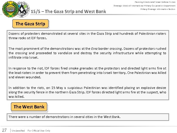 Planning Directorate// Israel Defense Forces For Official Use Only Strategic Division// International Military Cooperation
