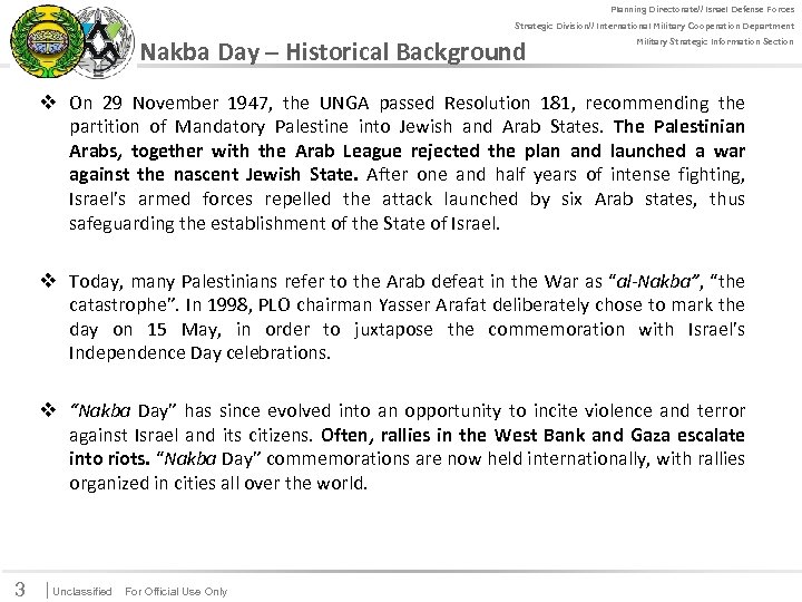 Planning Directorate// Israel Defense Forces For Official Use Only Strategic Division// International Military Cooperation