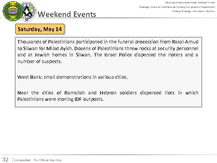 For Official Use Only Planning Directorate// Israel Defense Forces Strategic Division// International Military Cooperation