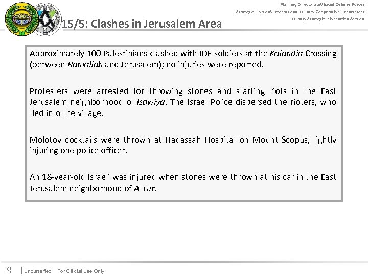 For Official Use Only Planning Directorate// Israel Defense Forces Strategic Division// International Military Cooperation