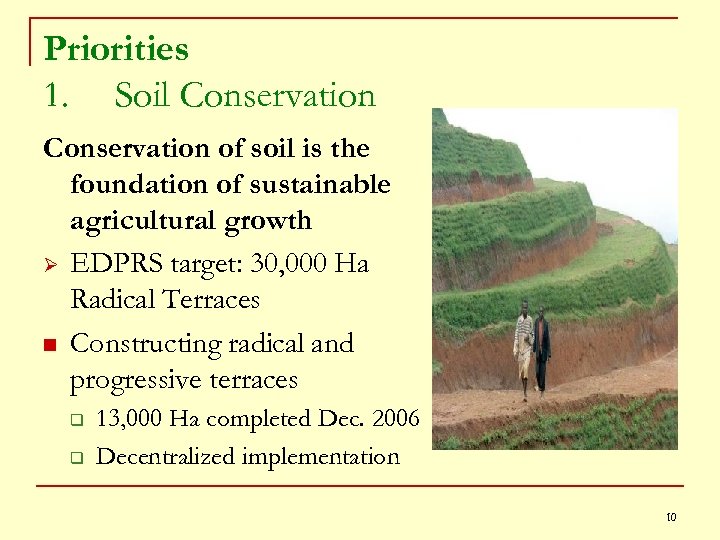 Priorities 1. Soil Conservation of soil is the foundation of sustainable agricultural growth Ø