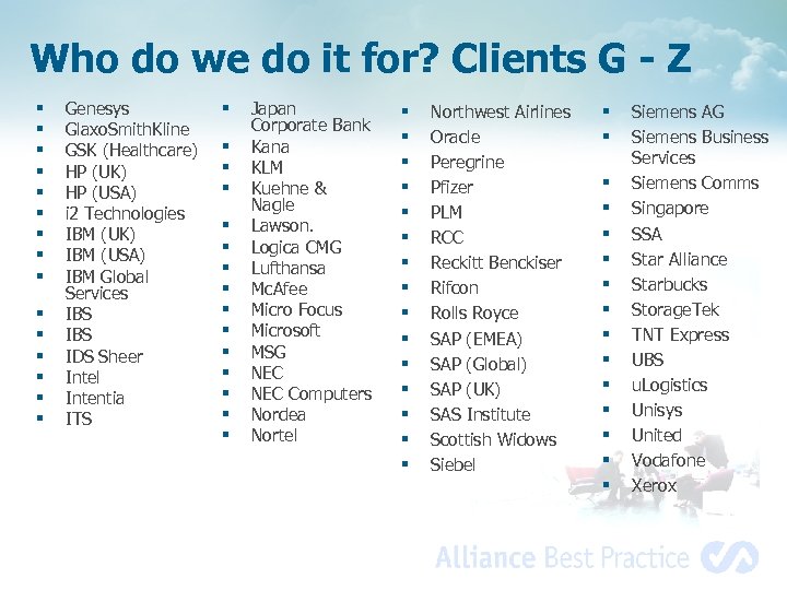 Who do we do it for? Clients G - Z § § § §