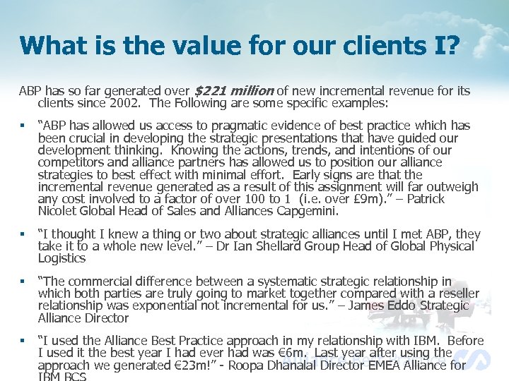 What is the value for our clients I? ABP has so far generated over