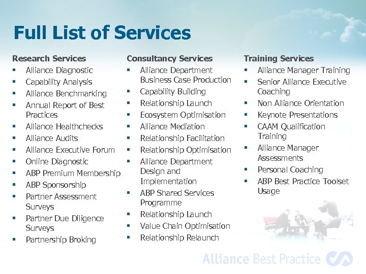 Full List of Services Research Services § Alliance Diagnostic § Capability Analysis § Alliance