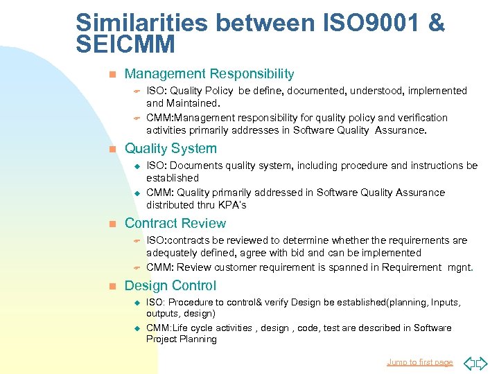 Similarities between ISO 9001 & SEICMM n Management Responsibility F F n Quality System