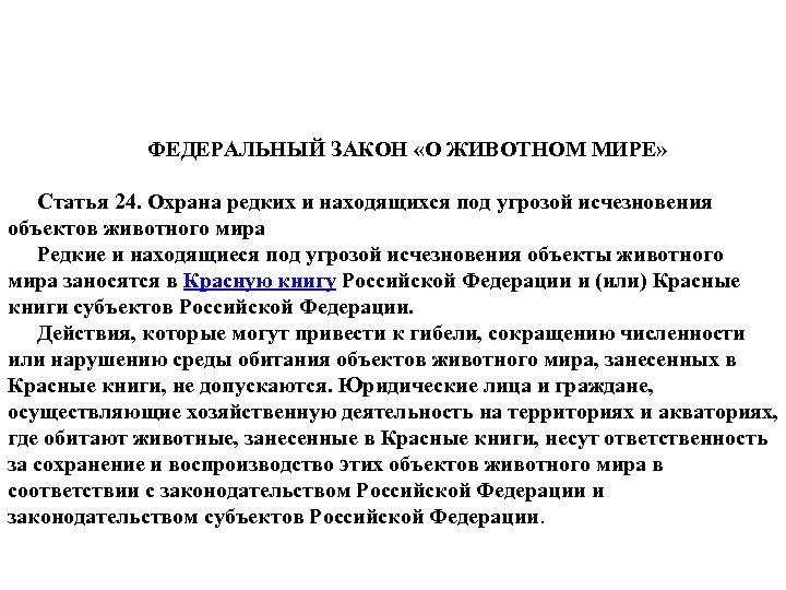 ФЕДЕРАЛЬНЫЙ ЗАКОН «О ЖИВОТНОМ МИРЕ» Статья 24. Охрана редких и находящихся под угрозой исчезновения