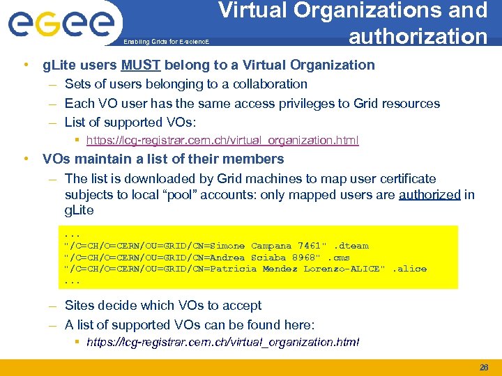 Enabling Grids for E-scienc. E Virtual Organizations and authorization • g. Lite users MUST