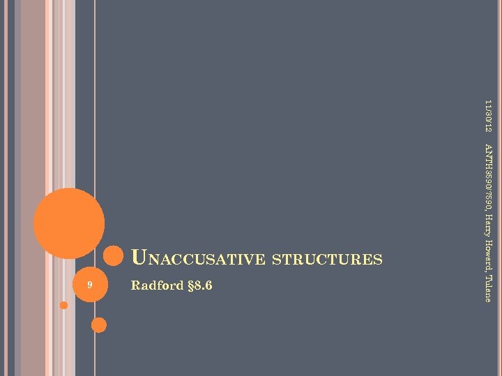 11/30/12 9 Radford § 8. 6 ANTH 3590/7590, Harry Howard, Tulane UNACCUSATIVE STRUCTURES 