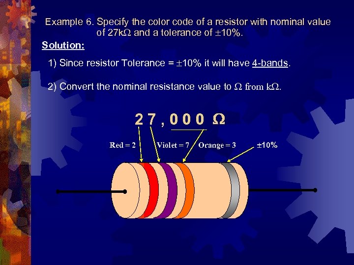 Example 6. Specify the color code of a resistor with nominal value of 27