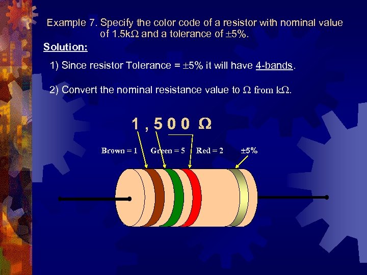 Example 7. Specify the color code of a resistor with nominal value of 1.