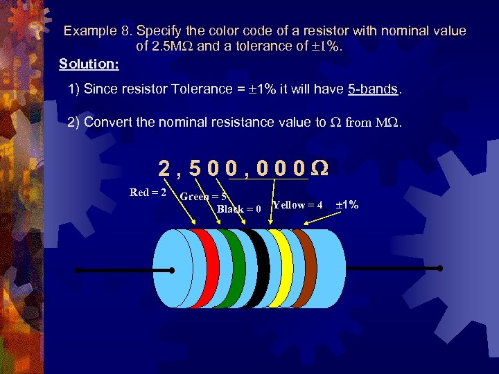 Example 8. Specify the color code of a resistor with nominal value of 2.