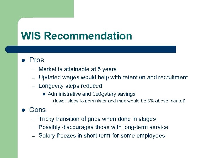 WIS Recommendation l Pros – – – Market is attainable at 5 years Updated