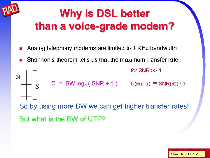 Why is DSL better than a voice-grade modem? n Analog telephony modems are limited