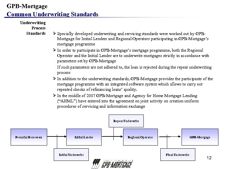 GPB-Mortgage Common Underwriting Standards Underwriting Process Standards Ø Specially developed underwriting and servicing standards