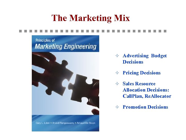 The Marketing Mix ² Advertising Budget Decisions ² Pricing Decisions ² Sales Resource Allocation