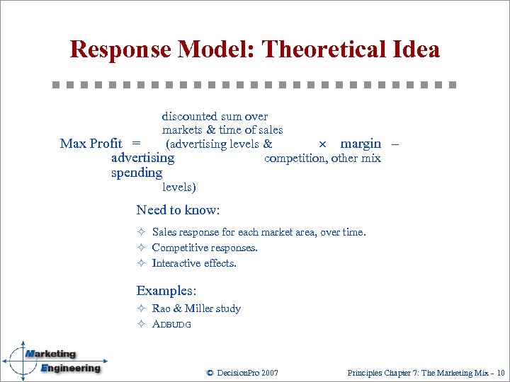 Response Model: Theoretical Idea discounted sum over markets & time of sales Max Profit